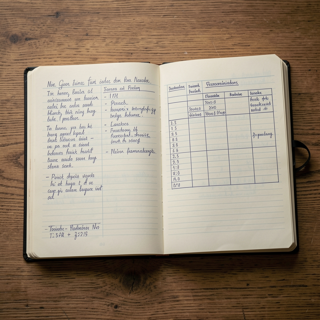 Offenes wissenschaftliches Notizbuch mit handschriftlichen Notizen und Tabellen, dokumentarische Nahaufnahme auf Holzoberfläche, sachliches Licht
