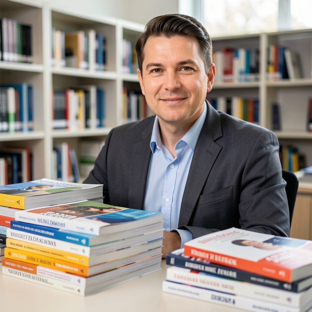 Ordentlich gestapelte wissenschaftliche Zeitschriften und Fachpublikationen auf einem hellen Schreibtisch, Archivumgebung, sachliche Draufsicht ohne Personen