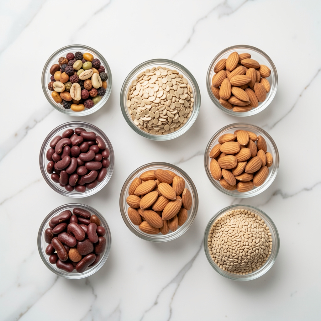Makronährstoff-Übersicht: verschiedene Hülsenfrüchte, Nüsse und Körner in kleinen Glasschälchen auf weißem Marmor, Draufsicht, dokumentarische Studiofotografie