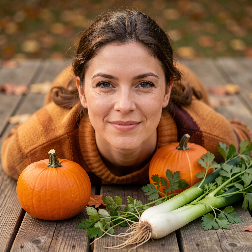Saisonales Gemüse: Kürbis, Rote Beete, Lauch und Petersilienwurzel auf rustikalem Holzboden, Herbststimmung, sachliche Draufsicht in natürlichem Tageslicht