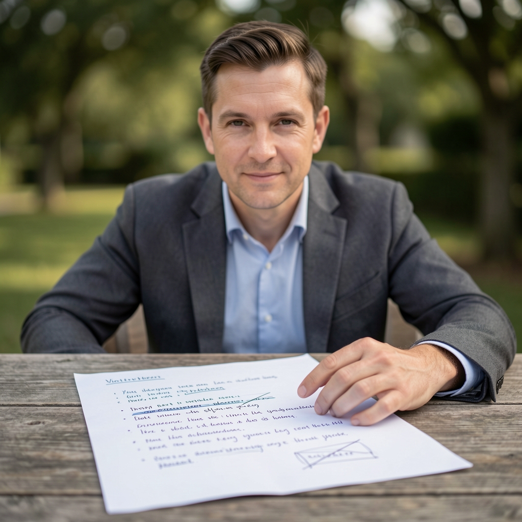 Wissenschaftliche Notizen auf weißem Papier mit handschriftlichen Korrekturen und durchgestrichenen Sätzen auf einem Holztisch, sachliche Beleuchtung ohne Personen