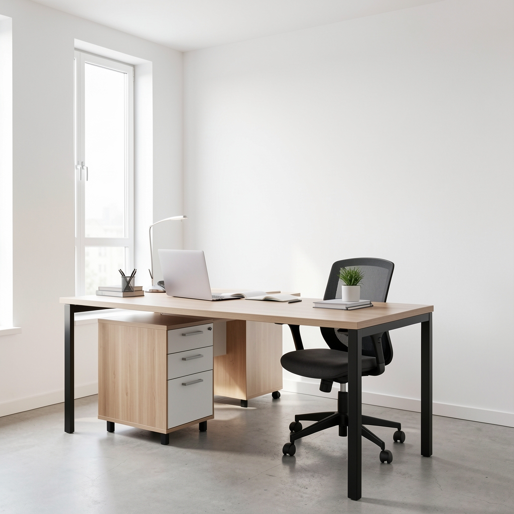 Heller ruhiger Arbeitsraum mit Schreibtisch, weißen Wänden und natürlichem Tageslicht durch großes Fenster, minimalistisch und sachlich